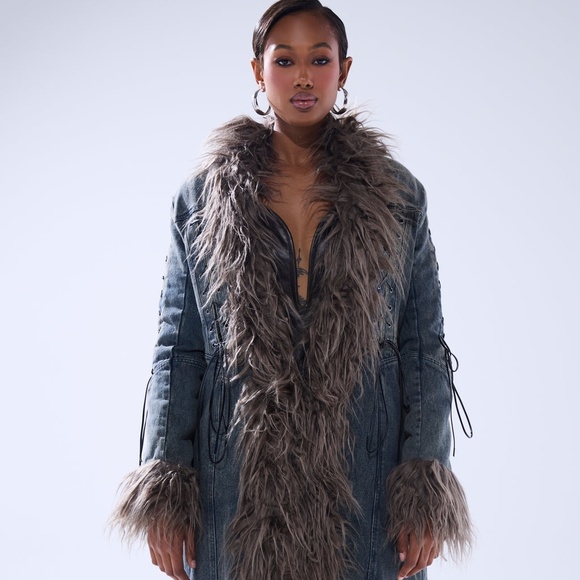 AKIRA Jackets & Blazers - New Akira Sade Fur Trimmed Denim Full Length Coat Size M